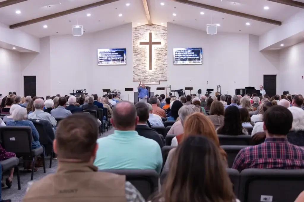 Sunday morning worship service at Fulton Bridge Baptist Church in Hamilton Alabama with full AV system installed by Presence Pro Audio