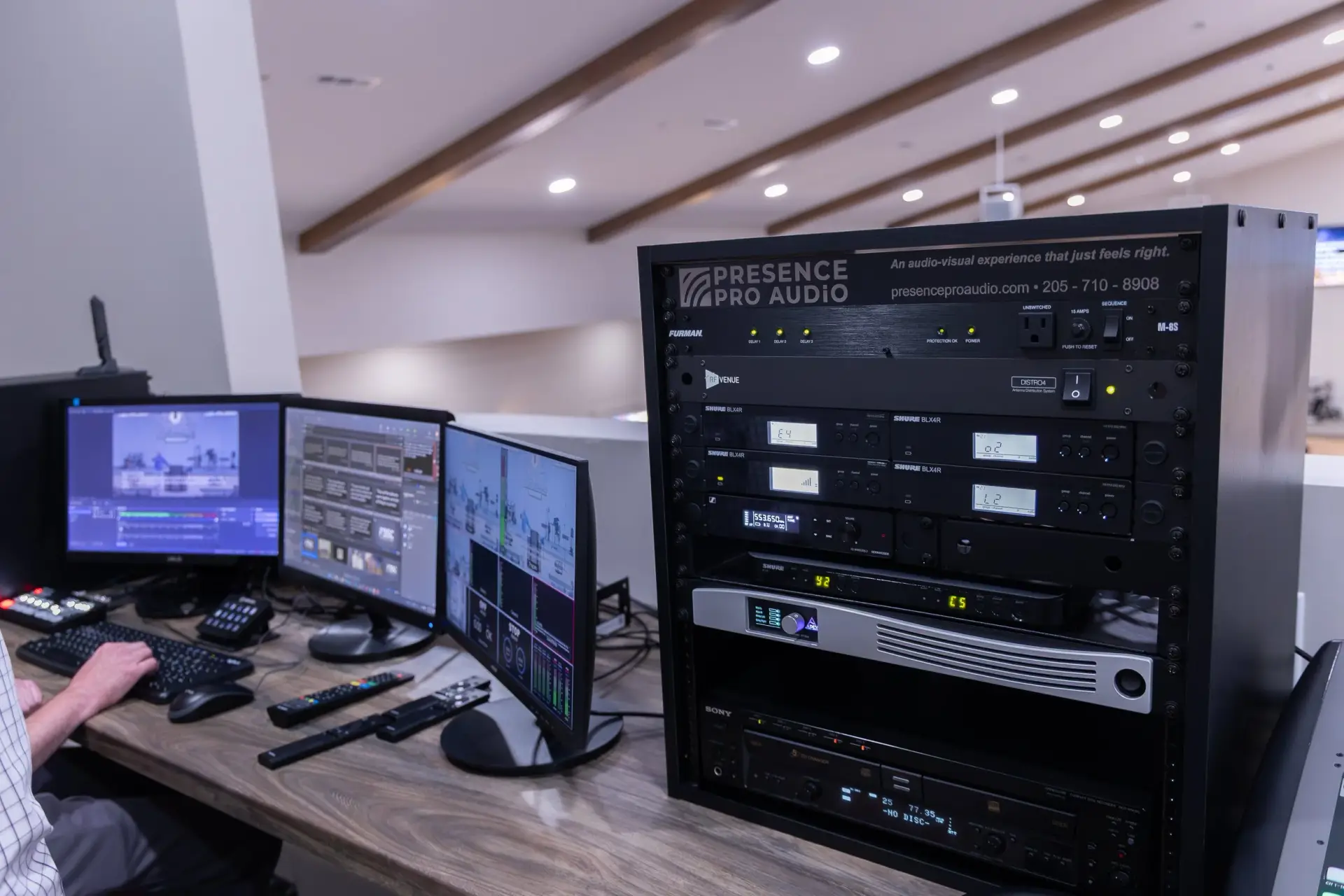 Audio and video control rack installed by Presence Pro Audio at Fulton Bridge Baptist Church in Hamilton Alabama