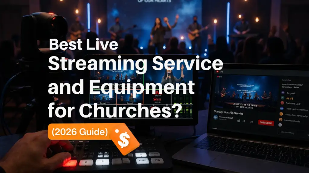 church live streaming setup with camera switcher laptop and worship service broadcast