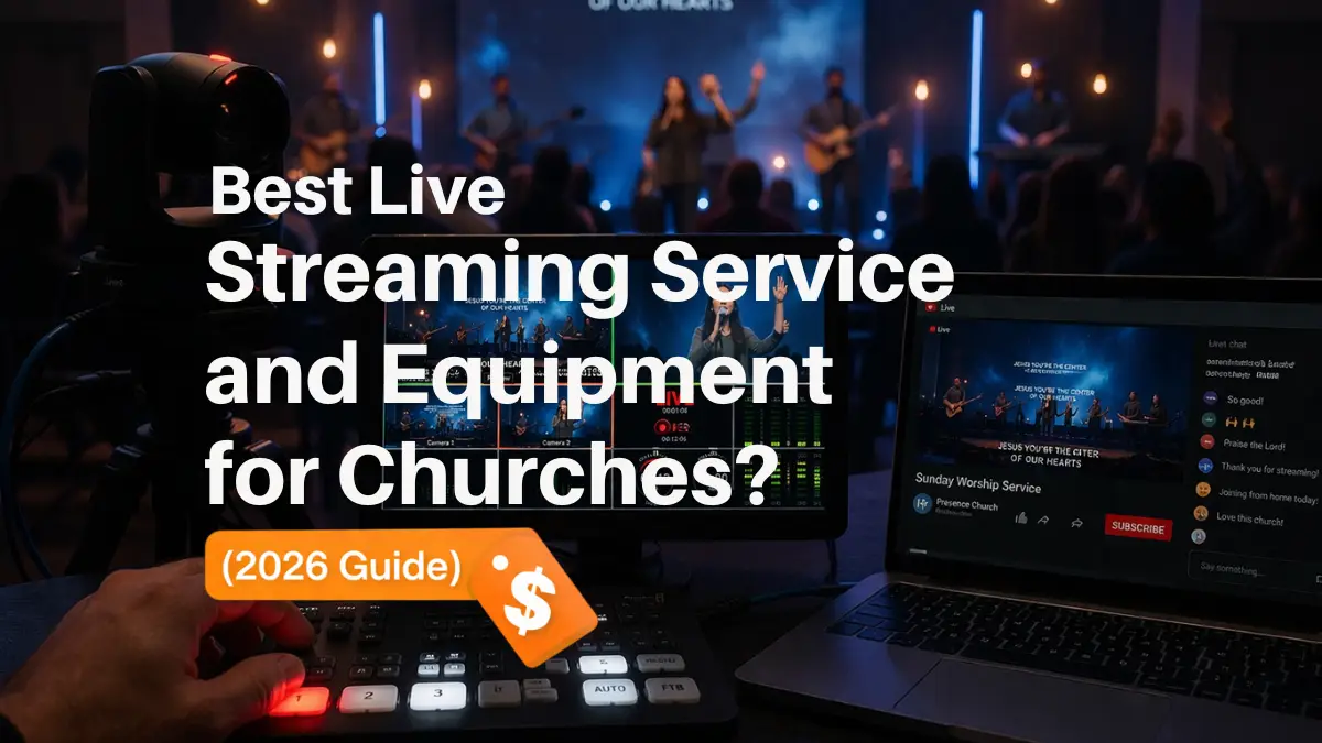 church live streaming setup with camera switcher laptop and worship service broadcast