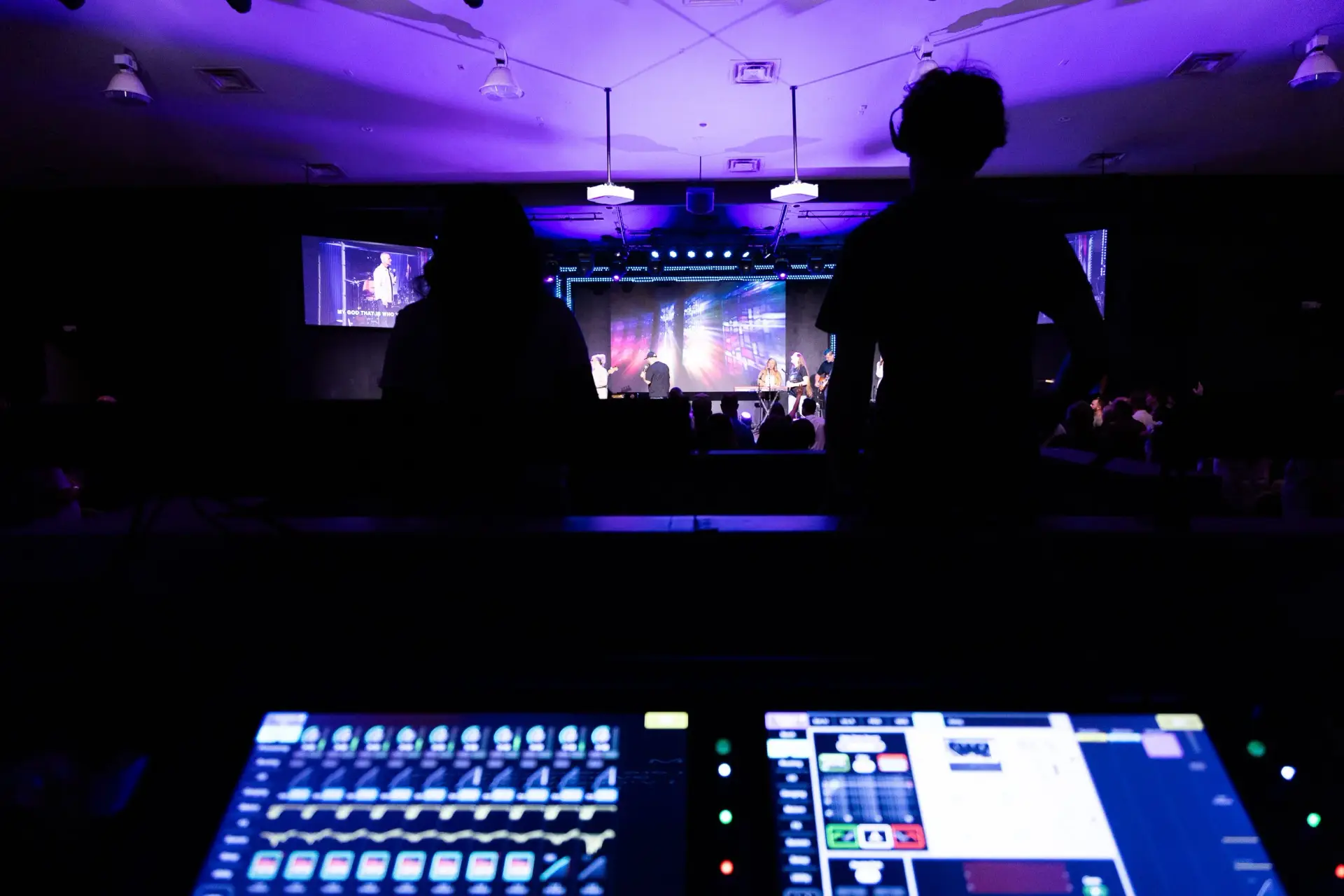 Front of house audio mixing console controlling the church sound system during worship service at Fellowship of Praise in Clarksville Ohio
