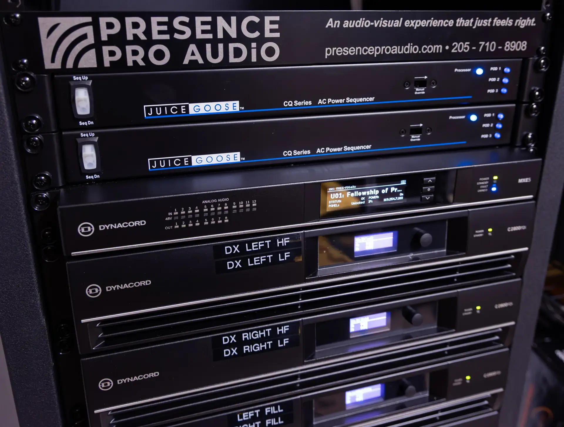 Audio rack with Dynacord amplifiers and power sequencing installed for the church sound system at Fellowship of Praise in Clarksville Ohio