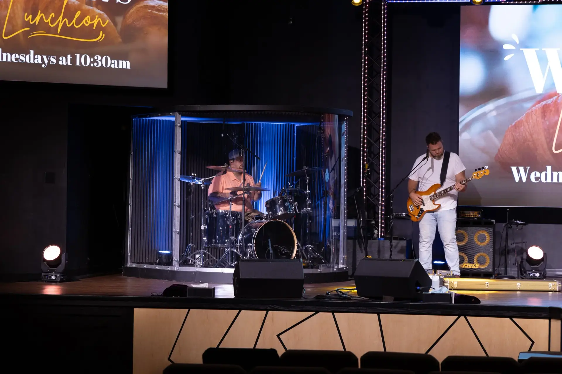 Worship band performing on stage with professional church sound system installed at Fellowship of Praise in Clarksville Ohio