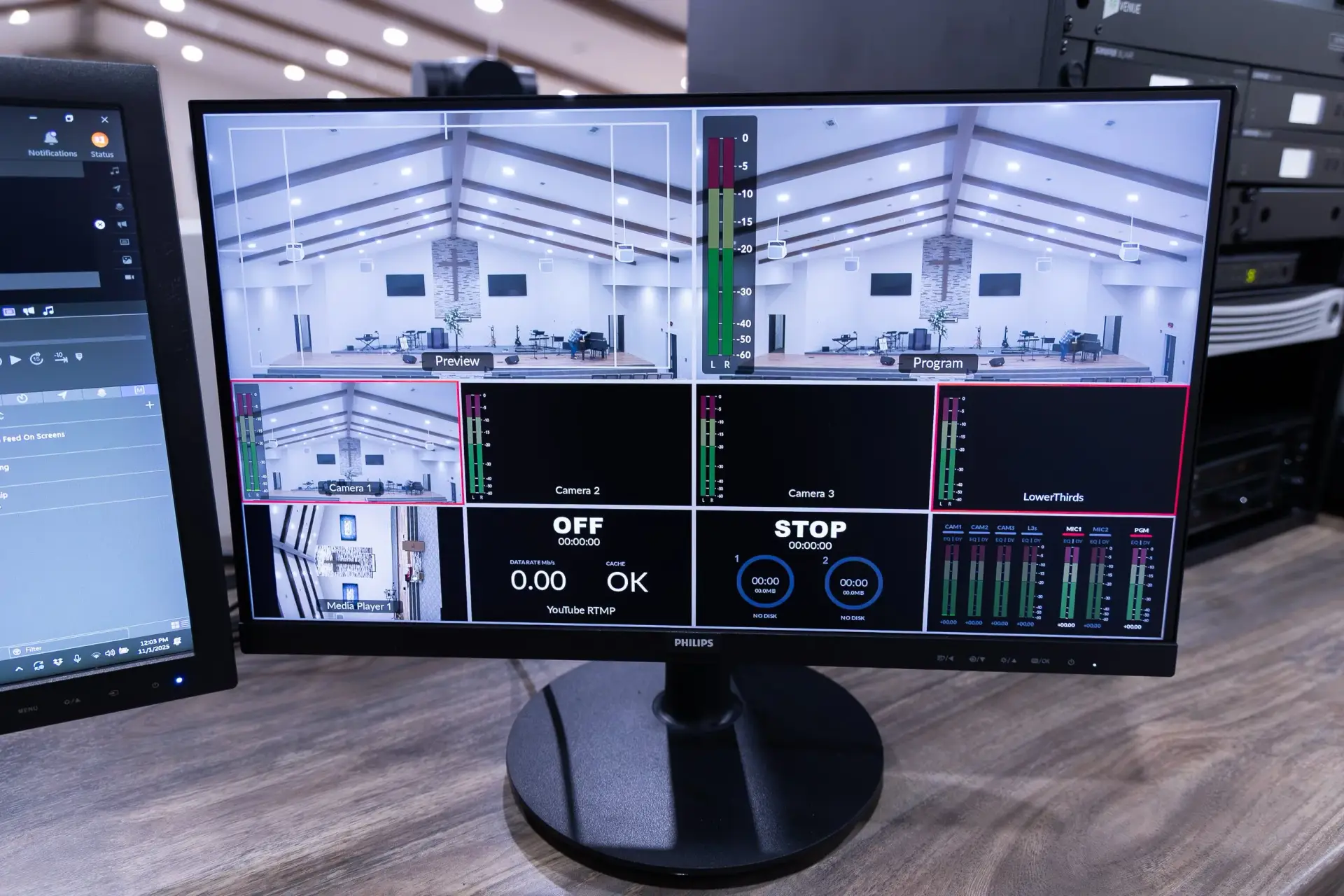 Video production monitor used for church broadcast and streaming at Fulton Bridge Baptist Church in Hamilton Alabama