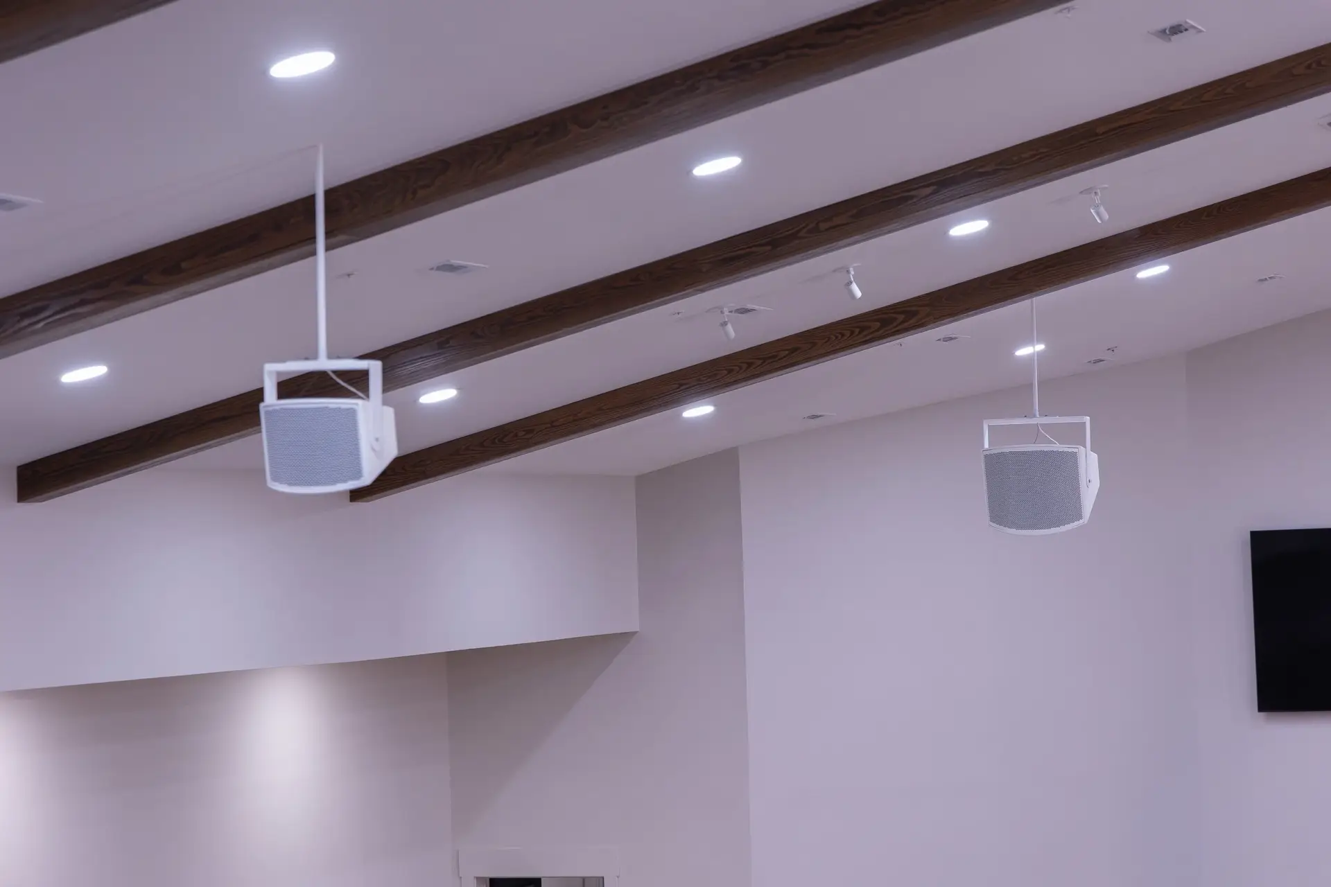 Dual hanging PA speakers installed for church sound coverage at Fulton Bridge Baptist Church in Hamilton Alabama