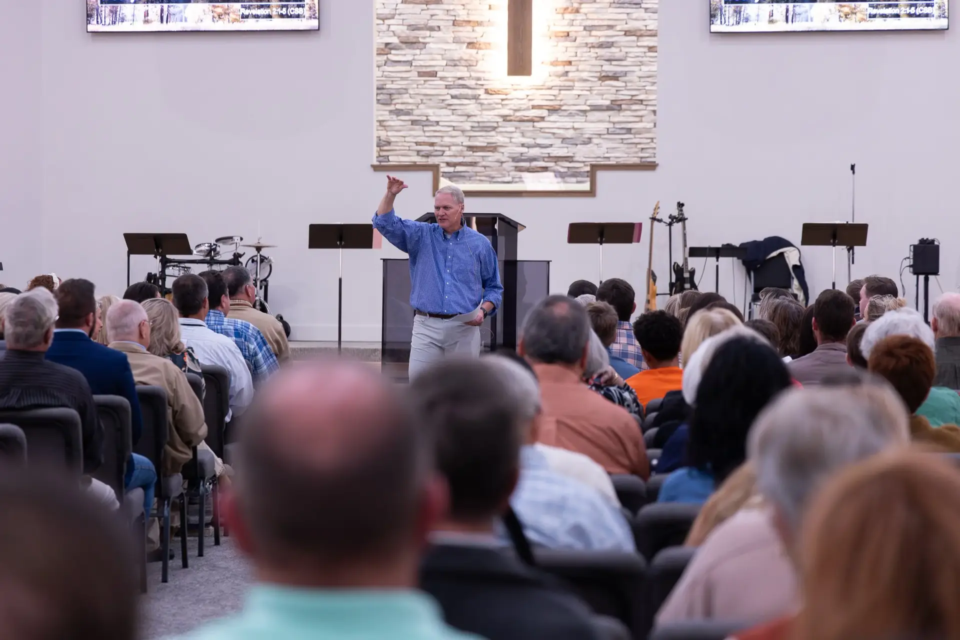 Pastor preaching during a service at Fulton Bridge Baptist Church in Hamilton Alabama using the newly installed church sound system