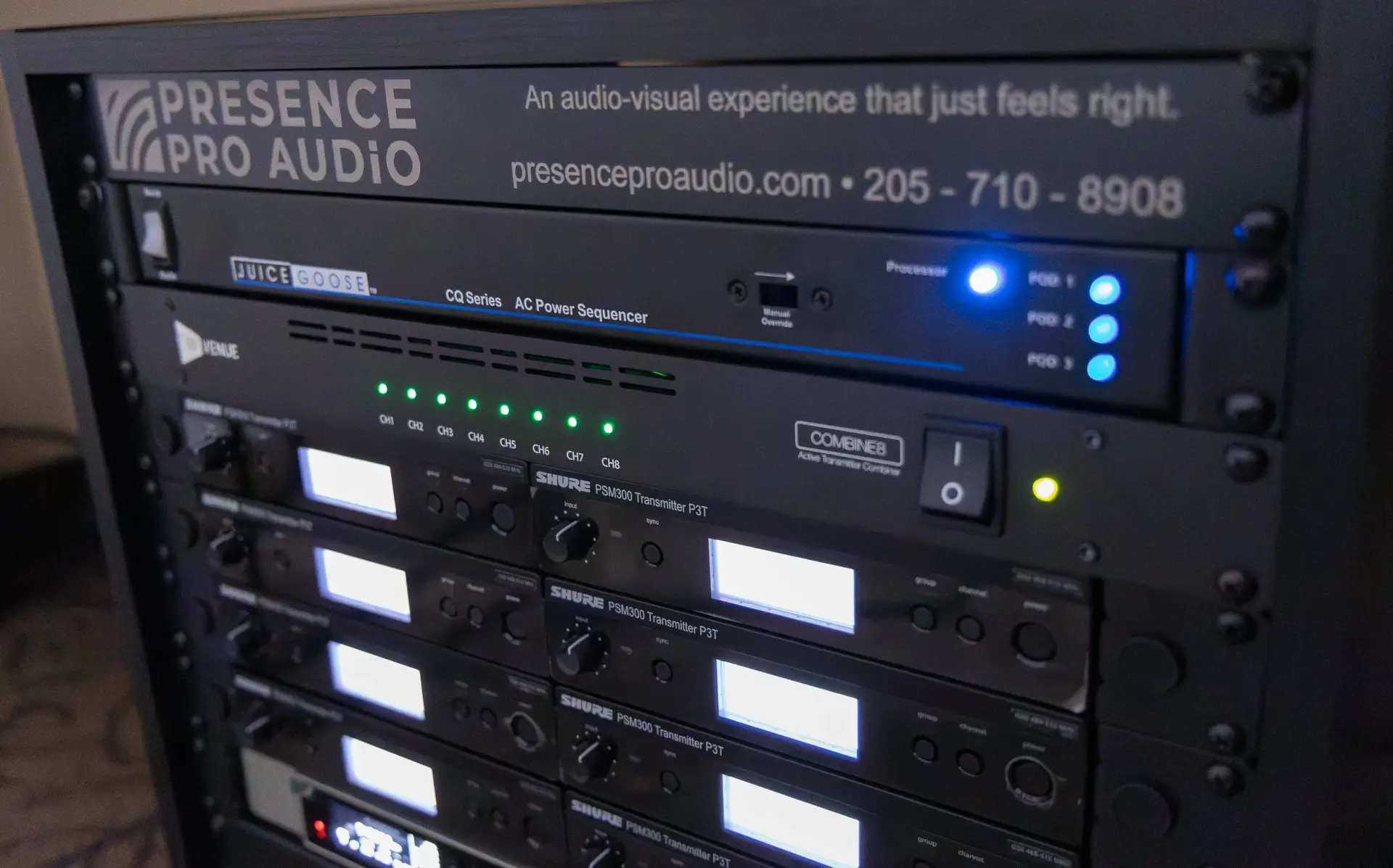 Shure wireless in-ear monitor transmitters installed in the audio rack at Restoration Church in Whiteland Indiana by Presence Pro Audio