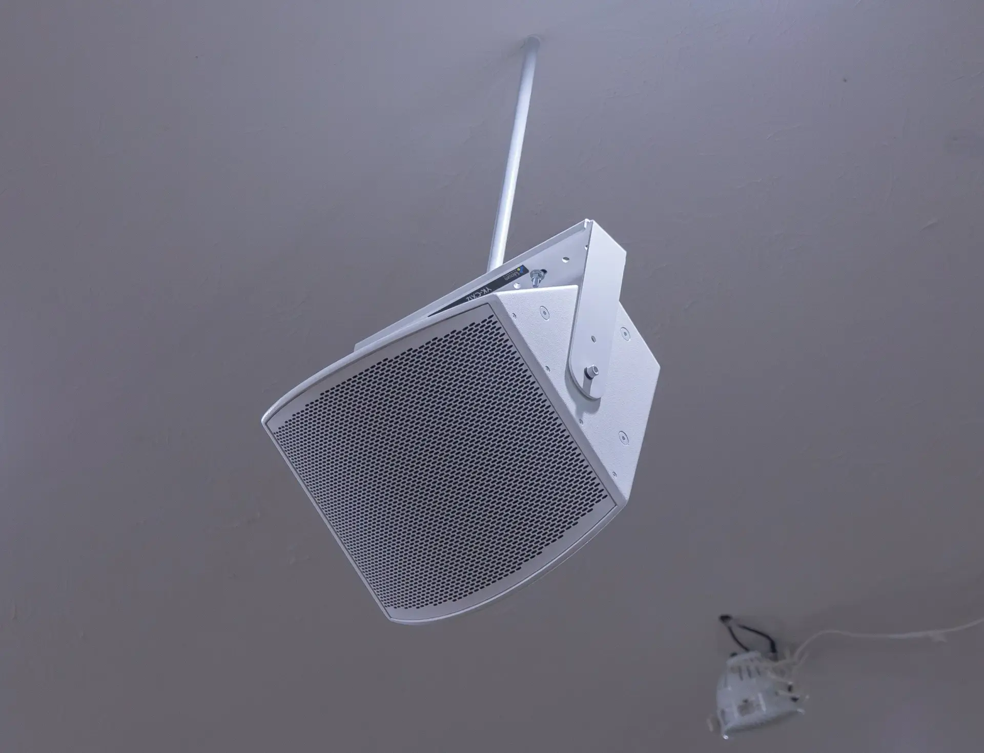 White church PA speaker installed by Presence Pro Audio at Restoration Church in Whiteland Indiana