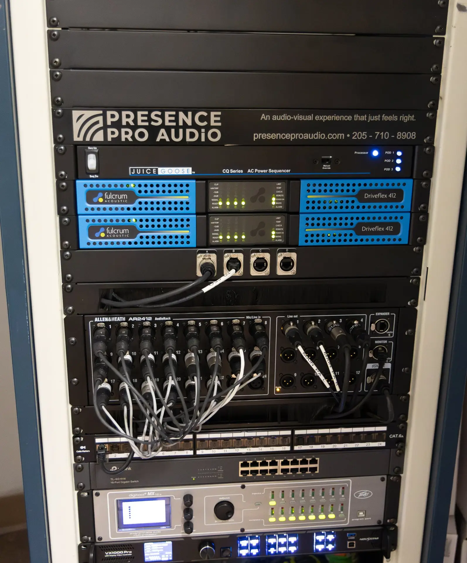 Audio rack with signal processing and amplification installed at Restoration Church in Whiteland Indiana