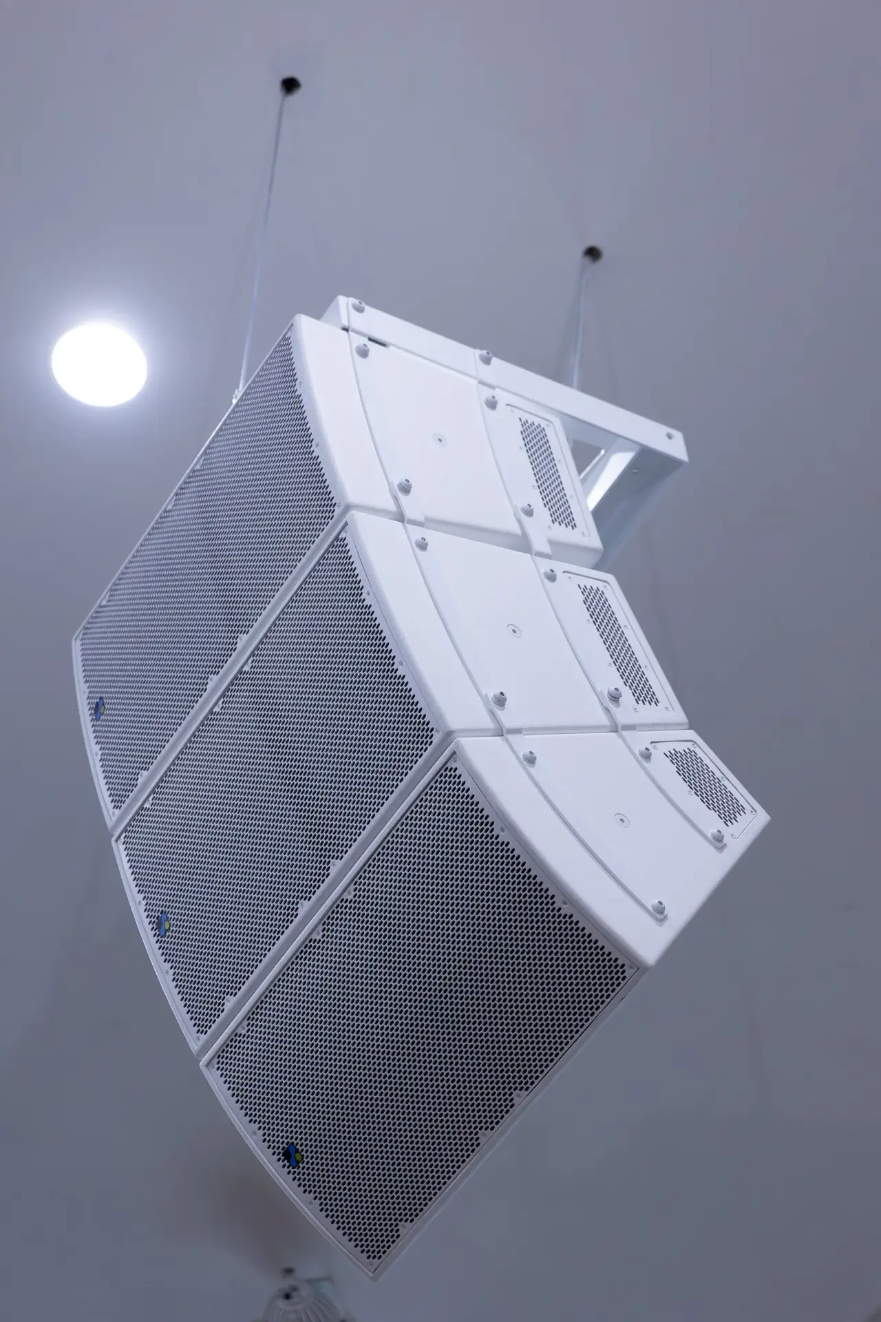 White line array speakers installed for the church sound system at Restoration Church in Whiteland Indiana