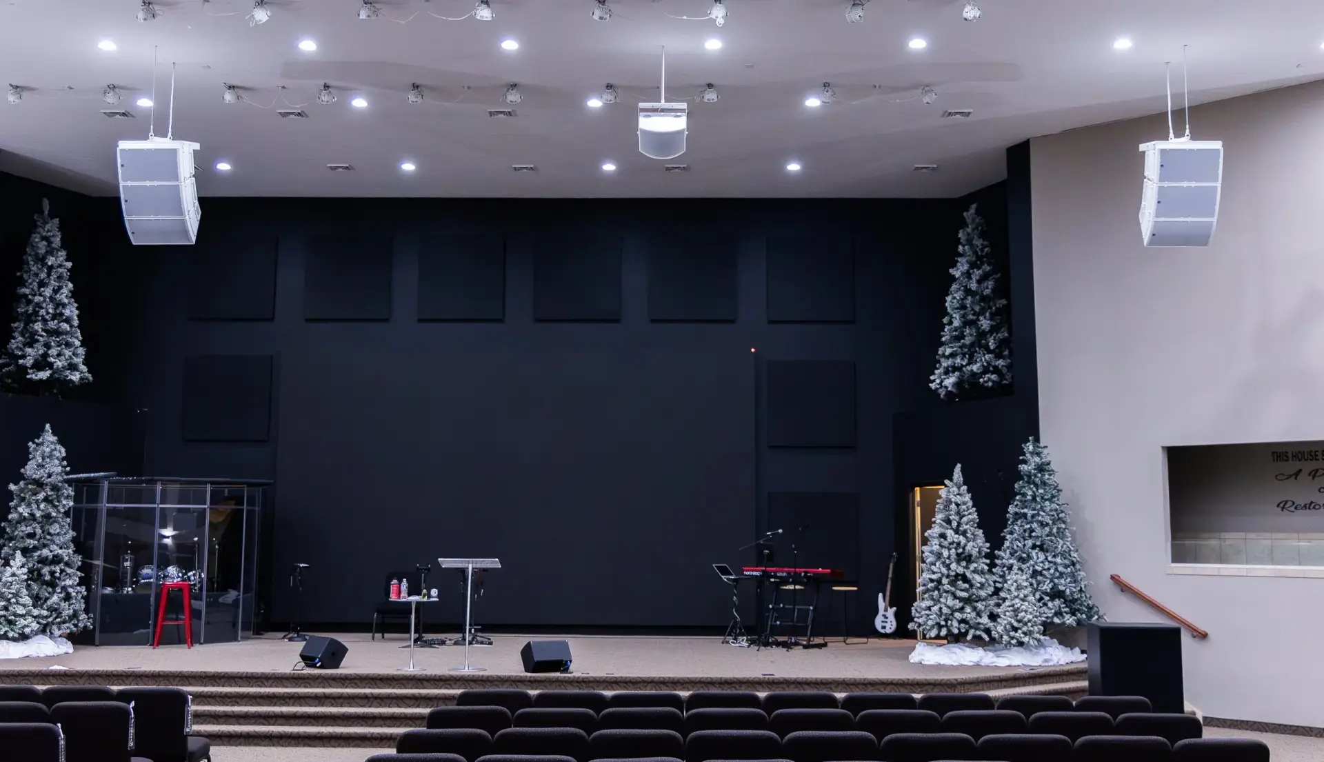 Church sanctuary at Restoration Church in Whiteland Indiana featuring a new AVL system installed by Presence Pro Audio