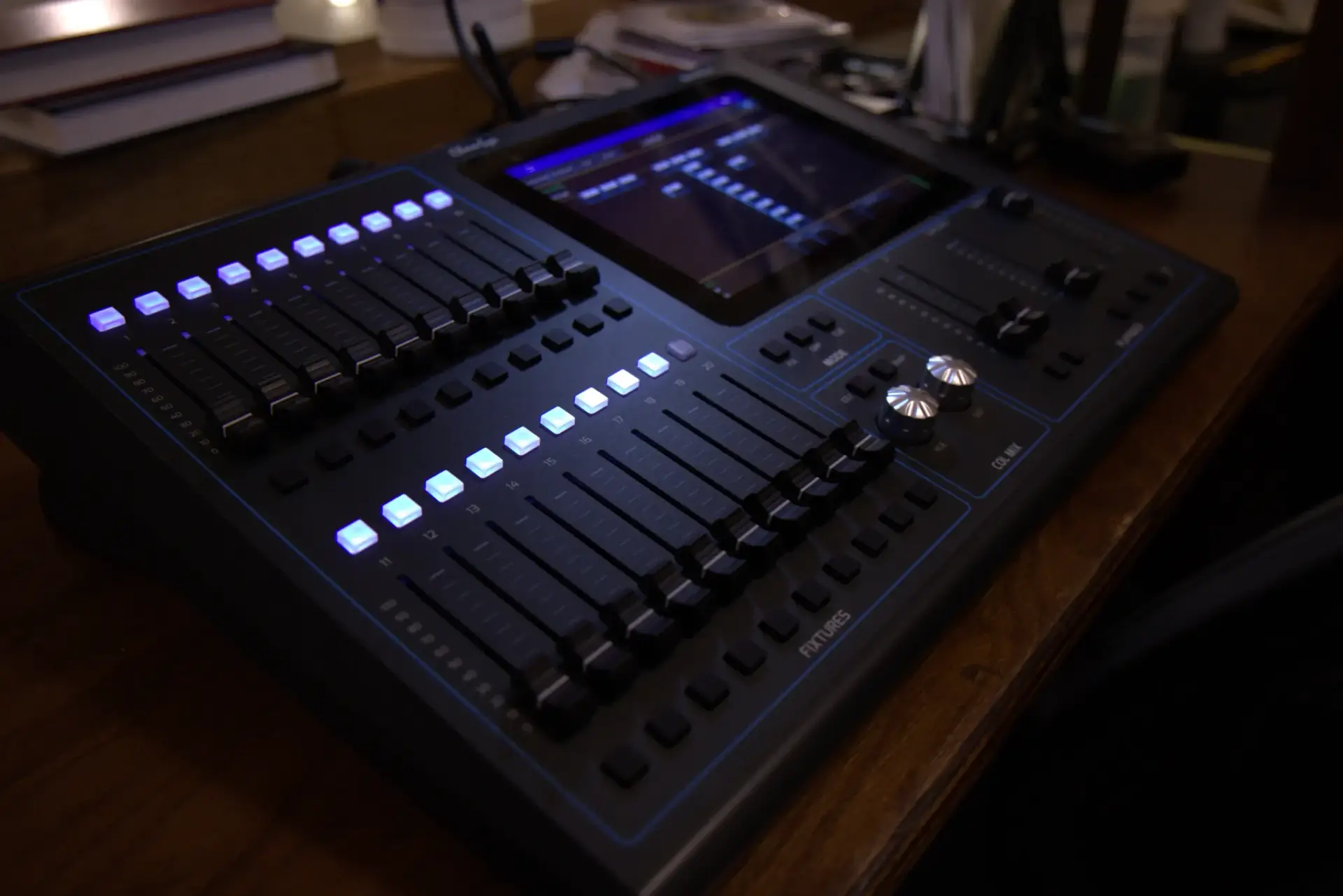 Modern church lighting control console used for stage lighting programming and worship production
