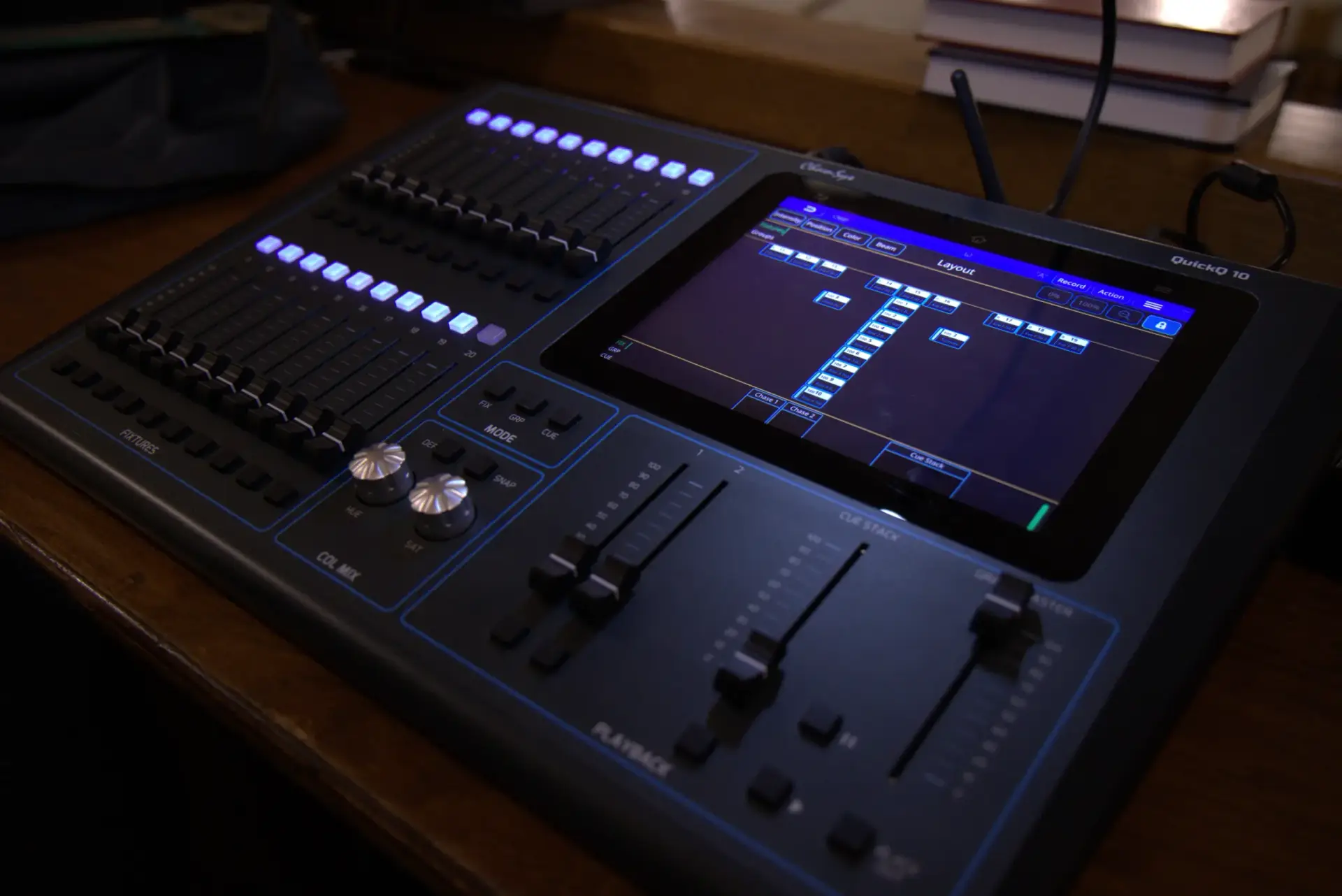 Side angle of a professional lighting console used for church worship lighting and production control