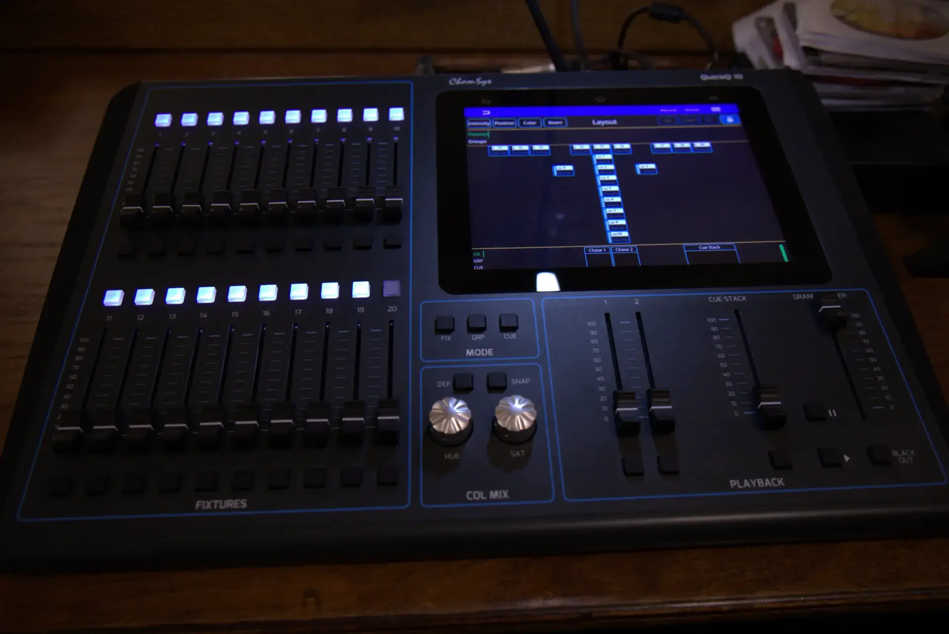 Front view of a ChamSys QuickQ lighting console configured for church stage lighting control