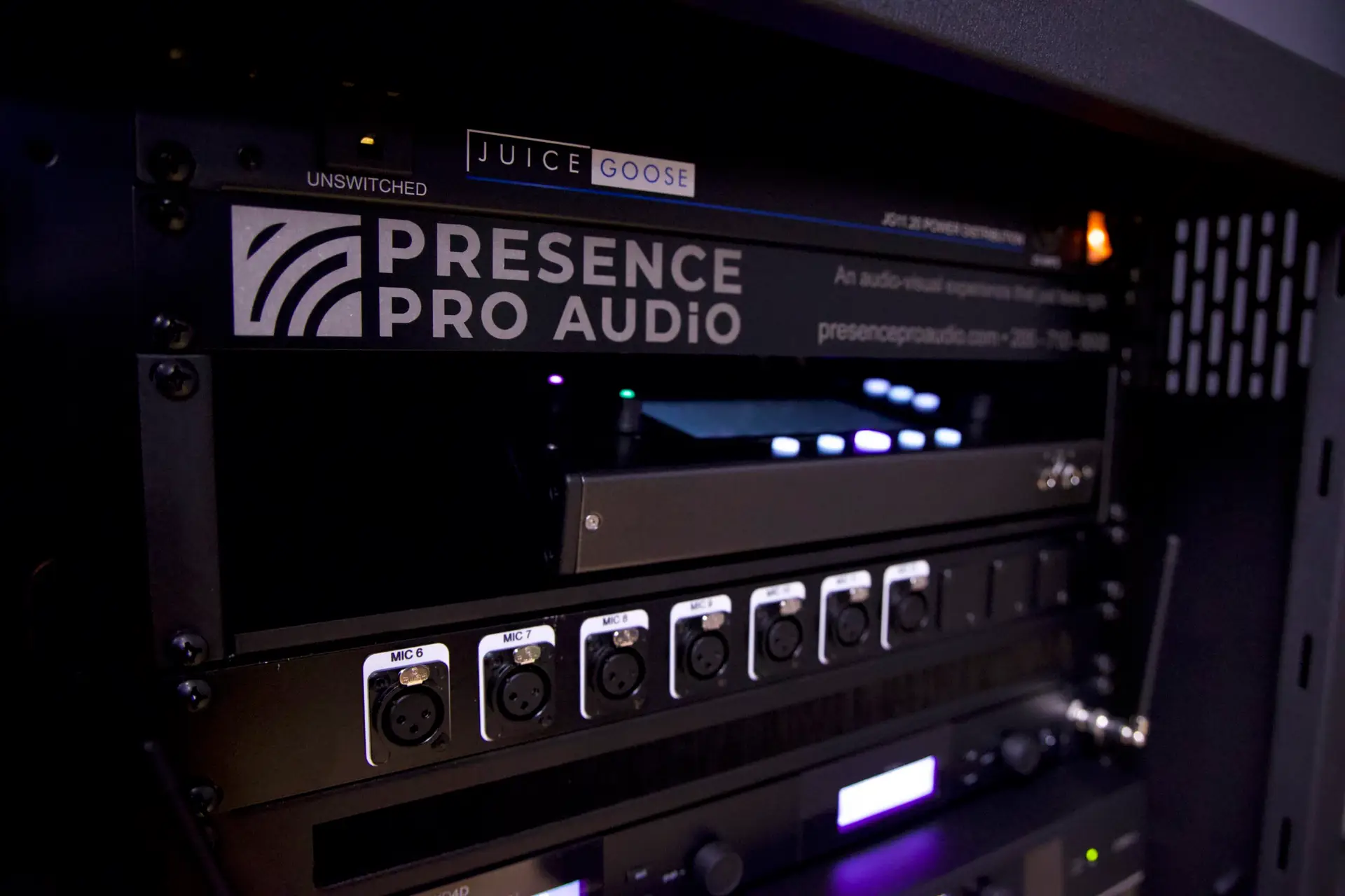 Custom AV rack with microphone patch panel and stage connectivity installed for school auditorium