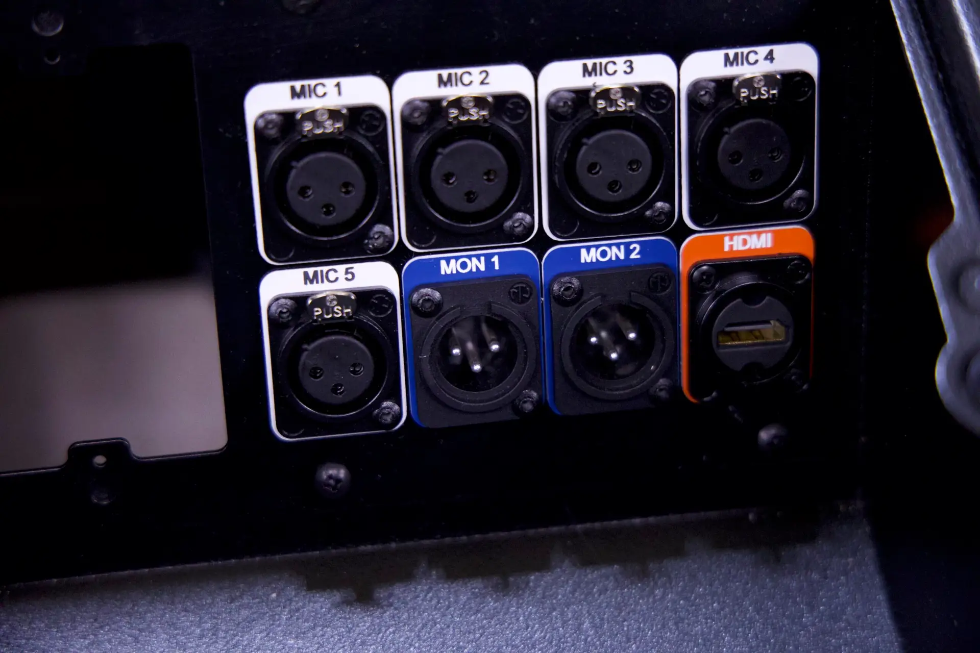 Open Ace Backstage floor pocket with XLR, monitor, and HDMI stage connections