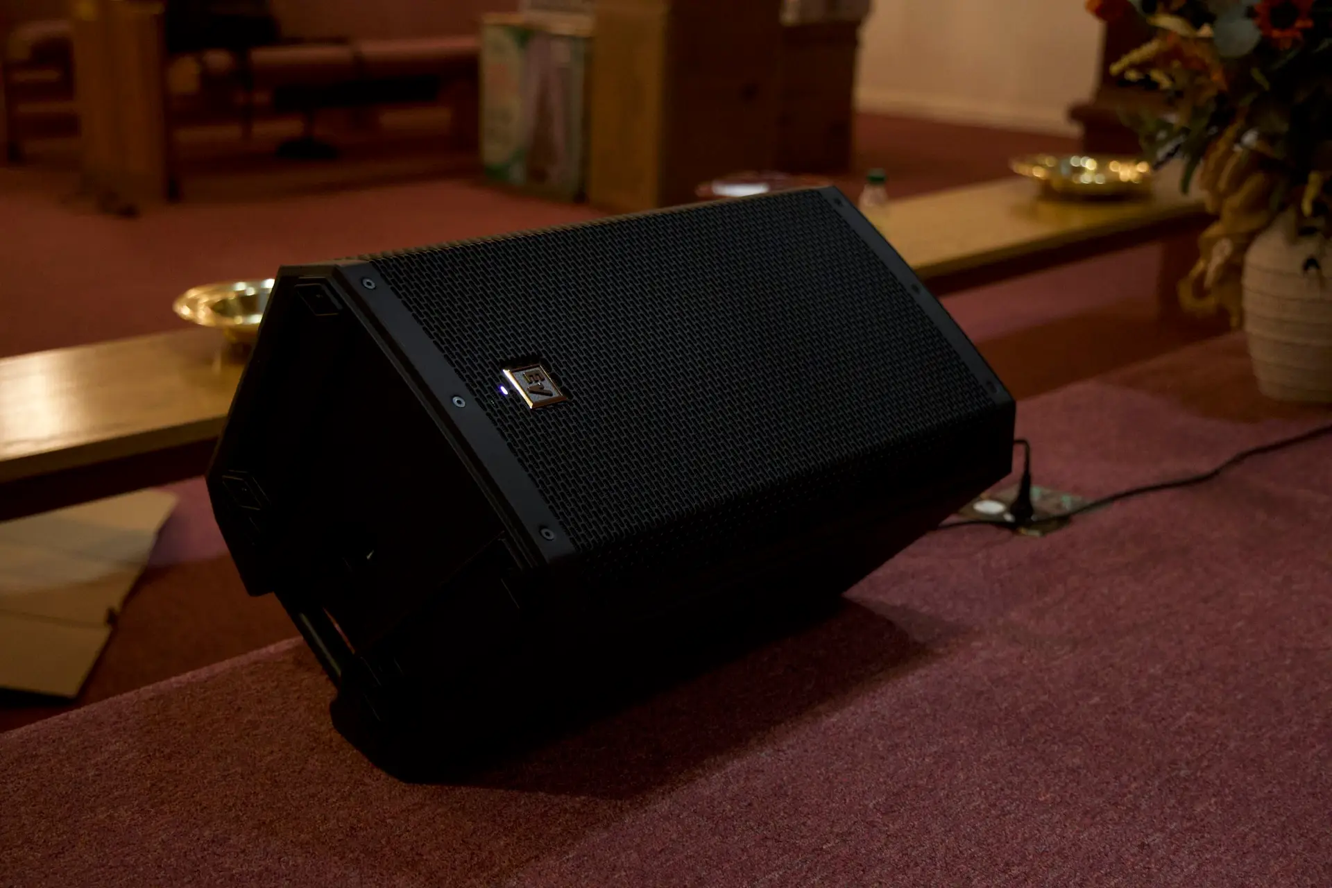 Close-up of EV ZLX stage monitor speaker used at Lone Oak Church of God