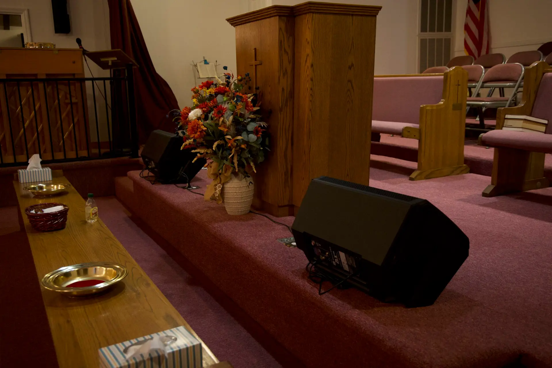 EV ZLX monitor speakers installed on the platform at Lone Oak Church of God sanctuary
