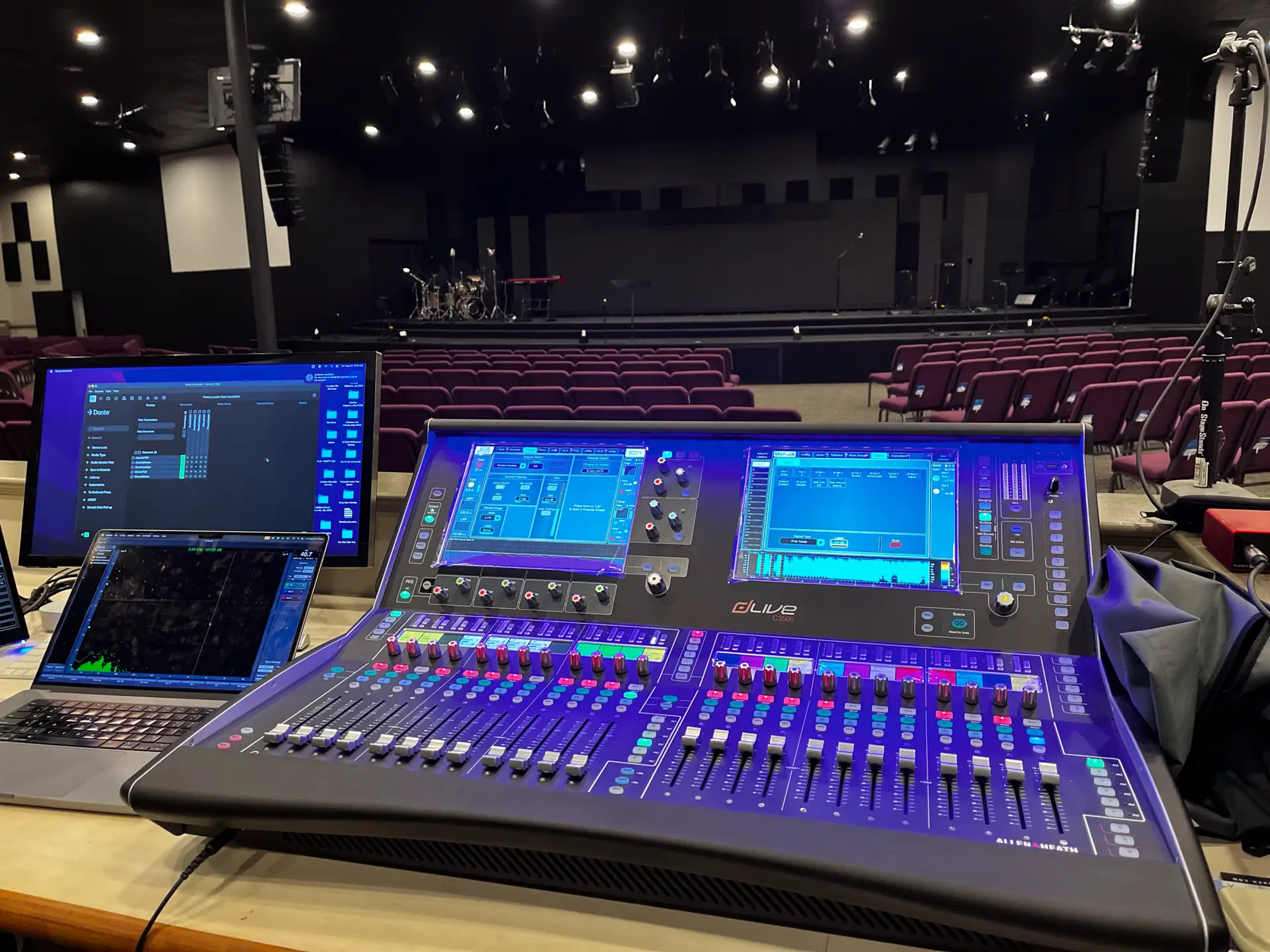 Allen & Heath dLive front of house mixing console at the church main campus auditorium