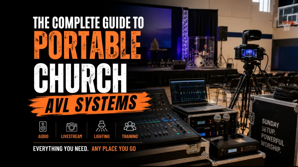 Portable church AVL setup in a school gym featuring a digital audio mixer, livestream camera, stage lighting, and portable worship stage for a mobile church.