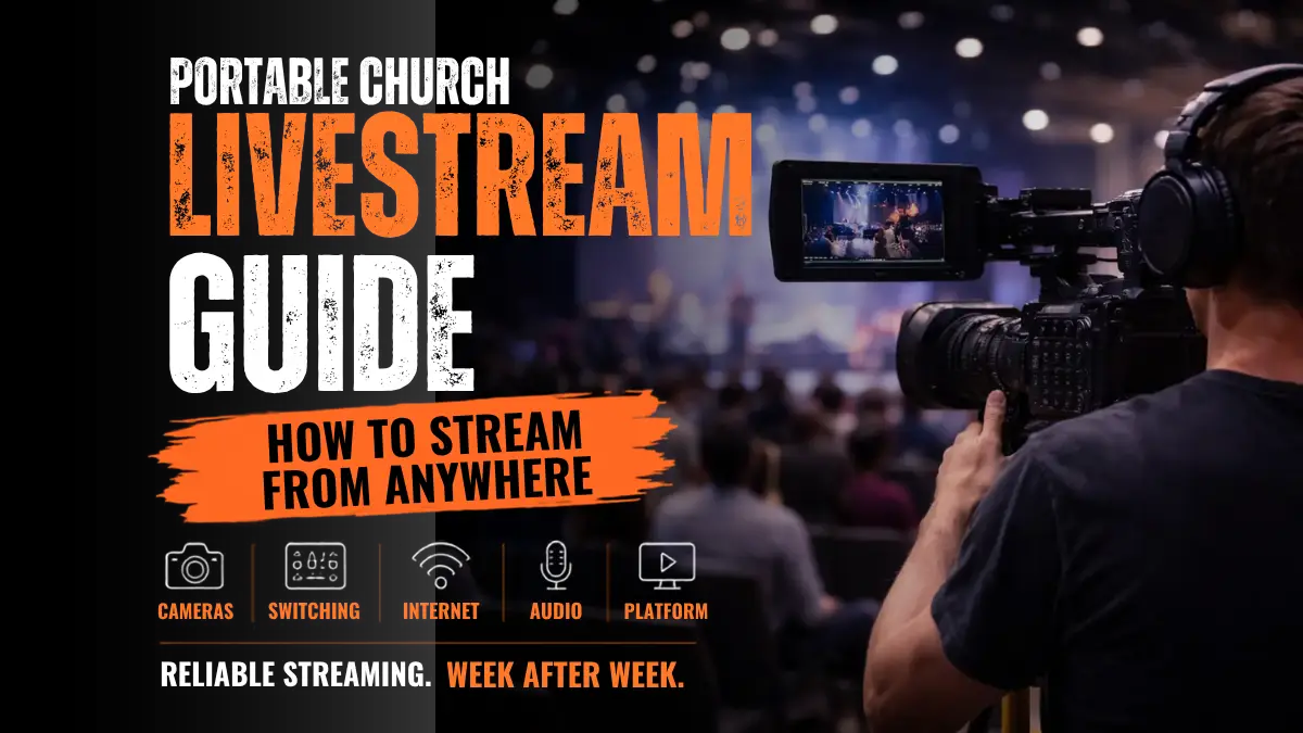 Portable church livestream setup with cameras, video switching, internet, and audio equipment for streaming worship services from temporary venues.